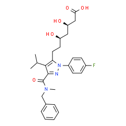 ChemSpider 2D Image | (3R,5R)-7-{3-[Benzyl(methyl)carbamoyl]-1-(4-fluorophenyl)-4-isopropyl-1H-pyrazol-5-yl}-3,5-dihydroxyheptanoic acid | C28H34FN3O5