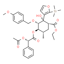 ChemSpider 2D Image | Ethyl (1R,2S,3S,4R,5S)-4-{[(2S)-2-acetoxy-2-phenylacetyl]oxy}-2-hydroxy-3-[(4-methoxybenzyl)oxy]-5-methyl-2-[2-(trimethylsilyl)-3-furyl]cyclohexanecarboxylate | C35H44O10Si