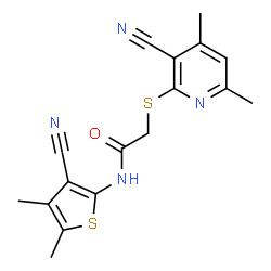 ChemSpider 2D Image | 2-[(3-Cyano-4,6-dimethyl-2-pyridinyl)sulfanyl]-N-(3-cyano-4,5-dimethyl-2-thienyl)acetamide | C17H16N4OS2