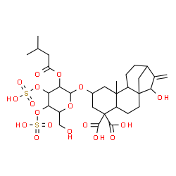 ChemSpider 2D Image | 15-Hydroxy-2-{[2-O-(3-methylbutanoyl)-3,4-di-O-sulfohexopyranosyl]oxy}kaur-16-ene-18,19-dioic acid | C31H46O18S2