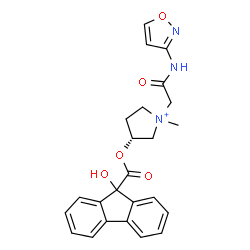 ChemSpider 2D Image | (3R)-3-{[(9-Hydroxy-9H-fluoren-9-yl)carbonyl]oxy}-1-methyl-1-[2-(1,2-oxazol-3-ylamino)-2-oxoethyl]pyrrolidinium | C24H24N3O5