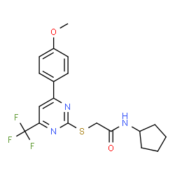 ChemSpider 2D Image | N-Cyclopentyl-2-{[4-(4-methoxyphenyl)-6-(trifluoromethyl)-2-pyrimidinyl]sulfanyl}acetamide | C19H20F3N3O2S