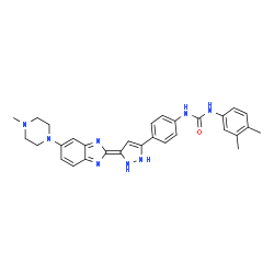 ChemSpider 2D Image | 1-(3,4-Dimethylphenyl)-3-(4-{(5E)-5-[5-(4-methyl-1-piperazinyl)-2H-benzimidazol-2-ylidene]-2,5-dihydro-1H-pyrazol-3-yl}phenyl)urea | C30H32N8O