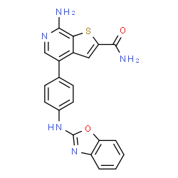 ChemSpider 2D Image | 7-Amino-4-[4-(1,3-benzoxazol-2-ylamino)phenyl]thieno[2,3-c]pyridine-2-carboxamide | C21H15N5O2S