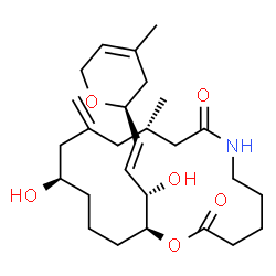 ChemSpider 2D Image | (10S,14R,18S)-14-Hydroxy-18-{(1S,2E)-1-hydroxy-3-[(2S)-4-methyl-3,6-dihydro-2H-pyran-2-yl]-2-propen-1-yl}-10-methyl-12-methylene-1-oxa-7-azacyclooctadecane-2,8-dione | C27H43NO6