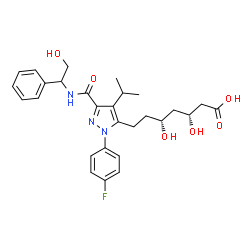 ChemSpider 2D Image | (3R,5R)-7-{1-(4-Fluorophenyl)-3-[(2-hydroxy-1-phenylethyl)carbamoyl]-4-isopropyl-1H-pyrazol-5-yl}-3,5-dihydroxyheptanoic acid | C28H34FN3O6