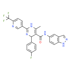 ChemSpider 2D Image | 4-(4-Fluorophenyl)-N-(1H-indazol-5-yl)-6-methyl-2-[6-(trifluoromethyl)-3-pyridinyl]-1,4-dihydro-5-pyrimidinecarboxamide | C25H18F4N6O
