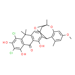 ChemSpider 2D Image | 8,10-Dichloro-3,7,9-trihydroxy-21-methoxy-12,12,17,23-tetramethyl-18,25-dioxahexacyclo[15.7.1.0~2,15~.0~4,13~.0~6,11~.0~19,24~]pentacosa-2(15),3,6,8,10,13,19,21,23-nonaen-5-one | C28H24Cl2O7