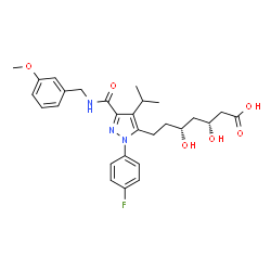 ChemSpider 2D Image | (3R,5R)-7-{1-(4-Fluorophenyl)-4-isopropyl-3-[(3-methoxybenzyl)carbamoyl]-1H-pyrazol-5-yl}-3,5-dihydroxyheptanoic acid | C28H34FN3O6