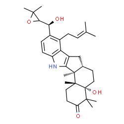ChemSpider 2D Image | (4aS,6aS,12bS,12cR)-9-[(S)-(3,3-Dimethyl-2-oxiranyl)(hydroxy)methyl]-4a-hydroxy-4,4,12b,12c-tetramethyl-8-(3-methyl-2-buten-1-yl)-1,4,4a,5,6,6a,7,12,12b,12c-decahydrobenzo[6,7]indeno[1,2-b]indol-3(2H)
-one | C33H45NO4