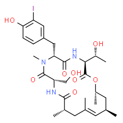 ChemSpider 2D Image | (3S,6R,9S,12S,14E,16R,18S)-3-[(1R)-1-Hydroxyethyl]-6-(4-hydroxy-3-iodobenzyl)-9-(hydroxymethyl)-7,12,14,16,18-pentamethyl-1-oxa-4,7,10-triazacyclooctadec-14-ene-2,5,8,11-tetrone | C29H42IN3O8