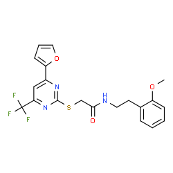 ChemSpider 2D Image | 2-{[4-(2-Furyl)-6-(trifluoromethyl)-2-pyrimidinyl]sulfanyl}-N-[2-(2-methoxyphenyl)ethyl]acetamide | C20H18F3N3O3S