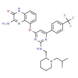 ChemSpider 2D Image | 3-Amino-5-({2-({[(2R)-1-isobutyl-2-piperidinyl]methyl}amino)-6-[4-(trifluoromethyl)phenyl]-4-pyrimidinyl}oxy)-2(1H)-quinoxalinone | C29H32F3N7O2