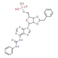 ChemSpider 2D Image | N-(Phenylcarbamoyl)-9-[2,3-O-(2-phenylethylidene)-5-O-phosphono-D-glycero-pentofuranosyl]-9H-purin-6-amine | C25H25N6O8P