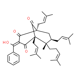 ChemSpider 2D Image | (1R,3E,5S,6S,7R)-3-[Hydroxy(phenyl)methylene]-6-methyl-1,5,7-tris(3-methyl-2-buten-1-yl)-6-(4-methyl-3-penten-1-yl)bicyclo[3.3.1]nonane-2,4,9-trione | C38H50O4
