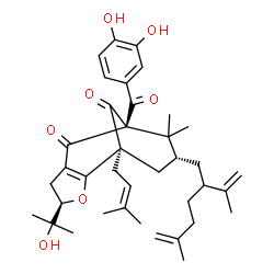 ChemSpider 2D Image | (1S,4R,8S,10R)-8-(3,4-Dihydroxybenzoyl)-4-(2-hydroxy-2-propanyl)-10-(2-isopropenyl-5-methyl-5-hexen-1-yl)-9,9-dimethyl-1-(3-methyl-2-buten-1-yl)-3-oxatricyclo[6.3.1.0~2,6~]dodec-2(6)-ene-7,12-dione | C38H50O7