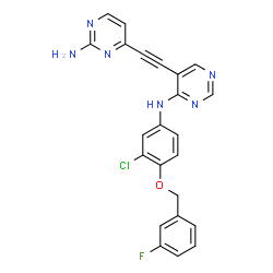 ChemSpider 2D Image | 4-{[4-({3-Chloro-4-[(3-fluorobenzyl)oxy]phenyl}amino)-5-pyrimidinyl]ethynyl}-2-pyrimidinamine | C23H16ClFN6O