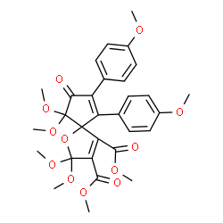 ChemSpider 2D Image | Dimethyl 2,2,9,9-tetramethoxy-6,7-bis(4-methoxyphenyl)-8-oxo-1-oxaspiro[4.4]nona-3,6-diene-3,4-dicarboxylate | C30H32O12