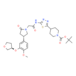 ChemSpider 2D Image | 2-Methyl-2-propanyl 4-[5-({[(4S)-4-{4-methoxy-3-[(3R)-tetrahydro-3-furanyloxy]phenyl}-2-oxo-1-pyrrolidinyl]acetyl}amino)-1,3,4-thiadiazol-2-yl]-1-piperidinecarboxylate | C29H39N5O7S