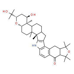 ChemSpider 2D Image | (2S,4R,4aR,15bS,17aS)-4-Hydroxy-2-(2-hydroxy-2-propanyl)-4a,9,9,11,11,15b,15c-heptamethyl-3,4,4a,5,6,6a,7,8,8a,9,11,11a,15,15b,15c,16,17,17a-octadecahydro-2H-[2]benzofuro[5,6-e]chromeno[5',6':6,7]inde
no[1,2-b]indol-12(4bH)-one | C38H53NO5