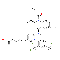 ChemSpider 2D Image | 4-[(2-{[3,5-Bis(trifluoromethyl)benzyl][(2R,4S)-1-(ethoxycarbonyl)-2-ethyl-6-methoxy-1,2,3,4-tetrahydro-4-quinolinyl]amino}-5-pyrimidinyl)oxy]butanoic acid | C32H34F6N4O6