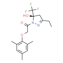 ChemSpider 2D Image | 1-[(5R)-3-Ethyl-5-hydroxy-5-(trifluoromethyl)-4,5-dihydro-1H-pyrazol-1-yl]-2-(mesityloxy)ethanone | C17H21F3N2O3