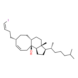 ChemSpider 2D Image | (3R,3aR,5aR,8S,9Z,11aS,11bR)-8-[(3Z)-4-Iodo-3-buten-1-yl]-3a-methyl-3-[(2R)-6-methyl-2-heptanyl]-1,2,3,3a,4,5,5a,6,7,8,11,11b-dodecahydro-11aH-cycloocta[e]inden-11a-ol | C28H47IO