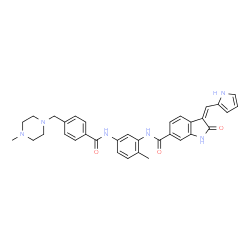 ChemSpider 2D Image | (3Z)-N-[2-Methyl-5-({4-[(4-methyl-1-piperazinyl)methyl]benzoyl}amino)phenyl]-2-oxo-3-(1H-pyrrol-2-ylmethylene)-6-indolinecarboxamide | C34H34N6O3