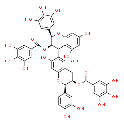 ChemSpider 2D Image | (2R,2'R,3R,3'R,4S)-2'-(3,4-Dihydroxyphenyl)-5,5',7,7'-tetrahydroxy-2-(3,4,5-trihydroxyphenyl)-3,3',4,4'-tetrahydro-2H,2'H-4,6'-bichromene-3,3'-diyl bis(3,4,5-trihydroxybenzoate) | C44H34O21