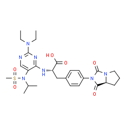 ChemSpider 2D Image | N-{2-(Diethylamino)-5-[isopropyl(methylsulfonyl)amino]-4-pyrimidinyl}-4-[(7aS)-1,3-dioxotetrahydro-1H-pyrrolo[1,2-c]imidazol-2(3H)-yl]-L-phenylalanine | C27H37N7O6S