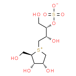 ChemSpider 2D Image | (2S,3S)-4-[(2R,3S,4R)-3,4-Dihydroxy-2-(hydroxymethyl)tetrahydro-1-thiopheniumyl]-1,3-dihydroxy-2-butanyl sulfate | C9H18O9S2