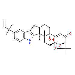 ChemSpider 2D Image | (1R,4R,5S,16S,19S)-19-Hydroxy-4,5,24,24-tetramethyl-11-(2-methyl-3-buten-2-yl)-25,26-dioxa-7-azaheptacyclo[21.2.1.0~1,20~.0~4,19~.0~5,16~.0~6,14~.0~8,13~]hexacosa-6(14),8,10,12,20-pentaen-22-one | C32H39NO4