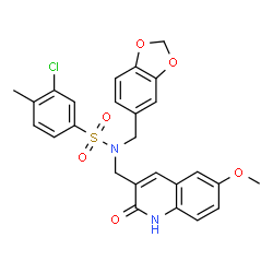 ChemSpider 2D Image | N-(1,3-Benzodioxol-5-ylmethyl)-3-chloro-N-[(6-methoxy-2-oxo-1,2-dihydro-3-quinolinyl)methyl]-4-methylbenzenesulfonamide | C26H23ClN2O6S