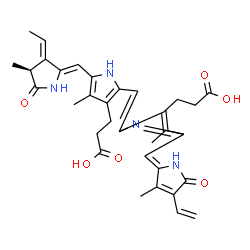 ChemSpider 2D Image | 3-[2-[(Z)-[3-(2-carboxyethyl)-4-methyl-5-[(Z)-(3-methyl-5-oxo-4-vinyl-pyrrol-2-ylidene)methyl]pyrrol-2-ylidene]methyl]-5-[(Z)-[(3E,4S)-3-ethylidene-4-methyl-5-oxo-pyrrolidin-2-ylidene]methyl]-4-methyl-1H-pyrrol-3-yl]propanoic acid | C33H36N4O6
