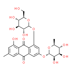 ChemSpider 2D Image | 3-[(6-Deoxy-alpha-L-mannopyranosyl)oxy]-8-hydroxy-6-methyl-9,10-dioxo-9,10-dihydro-1-anthracenyl D-glucopyranoside | C27H30O14