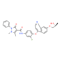 ChemSpider 2D Image | N-[3-Fluoro-4-({7-[(2S)-2-hydroxypropoxy]-4-quinolinyl}oxy)phenyl]-1,5-dimethyl-3-oxo-2-phenyl-2,3-dihydro-1H-pyrazole-4-carboxamide | C30H27FN4O5
