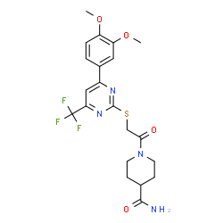 ChemSpider 2D Image | 1-({[4-(3,4-Dimethoxyphenyl)-6-(trifluoromethyl)-2-pyrimidinyl]sulfanyl}acetyl)-4-piperidinecarboxamide | C21H23F3N4O4S