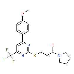 ChemSpider 2D Image | 3-[4-(4-Methoxy-phenyl)-6-trifluoromethyl-pyrimidin-2-ylsulfanyl]-1-pyrrolidin-1-yl-propan-1-one | C19H20F3N3O2S