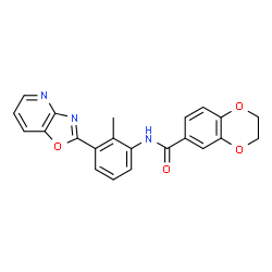 ChemSpider 2D Image | N-(2-methyl-3-{[1,3]oxazolo[4,5-b]pyridin-2-yl}phenyl)-2,3-dihydro-1,4-benzodioxine-6-carboxamide | C22H17N3O4