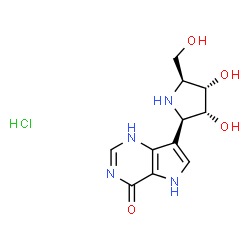 ChemSpider 2D Image | 7-[(2R,3R,4S,5S)-3,4-Dihydroxy-5-(hydroxymethyl)-2-pyrrolidinyl]-1,5-dihydro-4H-pyrrolo[3,2-d]pyrimidin-4-one hydrochloride (1:1) | C11H15ClN4O4