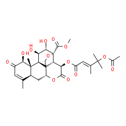 ChemSpider 2D Image | Methyl (1beta,8xi,11beta,12alpha,15beta)-15-{[(2E)-4-acetoxy-3,4-dimethyl-2-pentenoyl]oxy}-1,11,12-trihydroxy-2,16-dioxo-13,20-epoxypicras-3-en-21-oate | C30H38O13