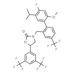 ChemSpider 2D Image | 5-[3,5-Bis(trifluoromethyl)phenyl]-3-{[4'-fluoro-5'-isopropyl-2'-methoxy-4-(trifluoromethyl)-2-biphenylyl]methyl}-1,3-oxazolidin-2-one | C29H23F10NO3