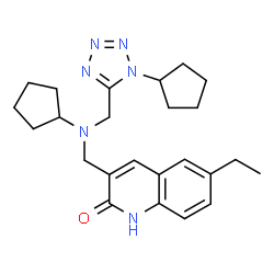 ChemSpider 2D Image | 3-({Cyclopentyl[(1-cyclopentyl-1H-tetrazol-5-yl)methyl]amino}methyl)-6-ethyl-2(1H)-quinolinone | C24H32N6O