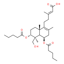 ChemSpider 2D Image | (2E)-5-[(4R,5S,6R,8aS)-5-(Hydroxymethyl)-2,5,8a-trimethyl-4,6-bis(pentanoyloxy)-3,4,4a,5,6,7,8,8a-octahydro-1-naphthalenyl]-3-methyl-2-pentenoic acid | C30H48O7