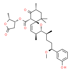 ChemSpider 2D Image | (2R,3R)-2-Methyl-5-oxotetrahydro-3-furanyl (2R,3S,6S,7S,9R)-2-[(2S,5S)-5-(3-hydroxyphenyl)-5-methoxy-2-pentanyl]-3,9,11,11-tetramethyl-8-oxo-1-oxaspiro[5.5]undec-4-ene-7-carboxylate (non-preferred nam
e) | C32H44O8