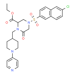 ChemSpider 2D Image | Ethyl 4-[(6-chloro-2-naphthyl)sulfonyl]-6-oxo-1-{[1-(4-pyridinyl)-4-piperidinyl]methyl}-2-piperazinecarboxylate | C28H31ClN4O5S