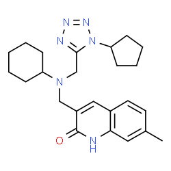 ChemSpider 2D Image | 3-({Cyclohexyl[(1-cyclopentyl-1H-tetrazol-5-yl)methyl]amino}methyl)-7-methyl-2(1H)-quinolinone | C24H32N6O
