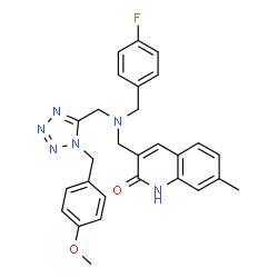 ChemSpider 2D Image | 3-{[(4-Fluorobenzyl){[1-(4-methoxybenzyl)-1H-tetrazol-5-yl]methyl}amino]methyl}-7-methyl-2(1H)-quinolinone | C28H27FN6O2