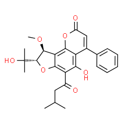 ChemSpider 2D Image | (8S,9S)-5-Hydroxy-8-(2-hydroxy-2-propanyl)-9-methoxy-6-(3-methylbutanoyl)-4-phenyl-8,9-dihydro-2H-furo[2,3-h]chromen-2-one | C26H28O7