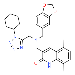 ChemSpider 2D Image | 3-({(1,3-Benzodioxol-5-ylmethyl)[(1-cyclohexyl-1H-tetrazol-5-yl)methyl]amino}methyl)-5,8-dimethyl-2(1H)-quinolinone | C28H32N6O3